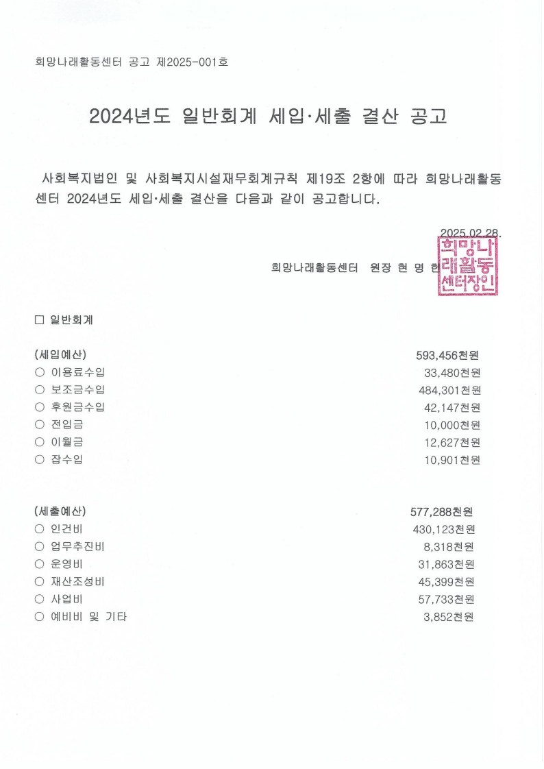 [희망나래활동센터] 2024년도 세입·세출 결산 공고