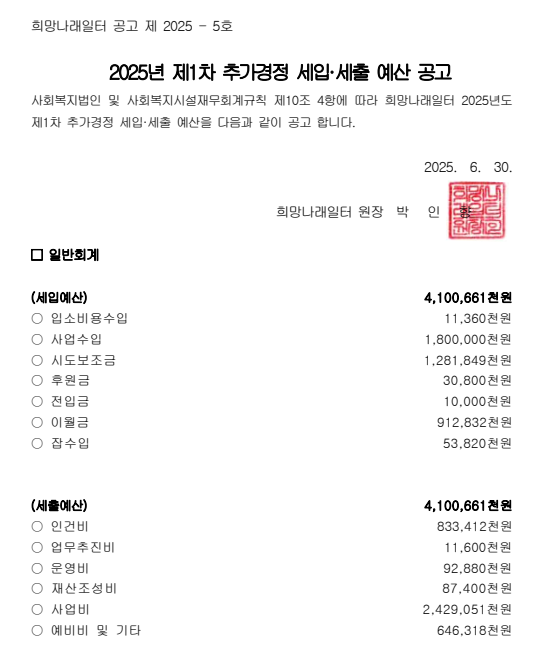 [희망나래일터] 2025년 제1차 추가경정 세입·세출 예산 공고